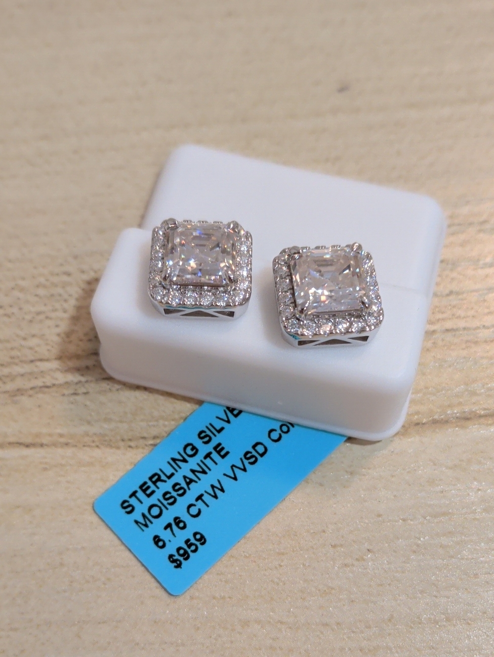 Retail $959 Sterling Silver Moissanite Square Studs Earrings 6.76CT